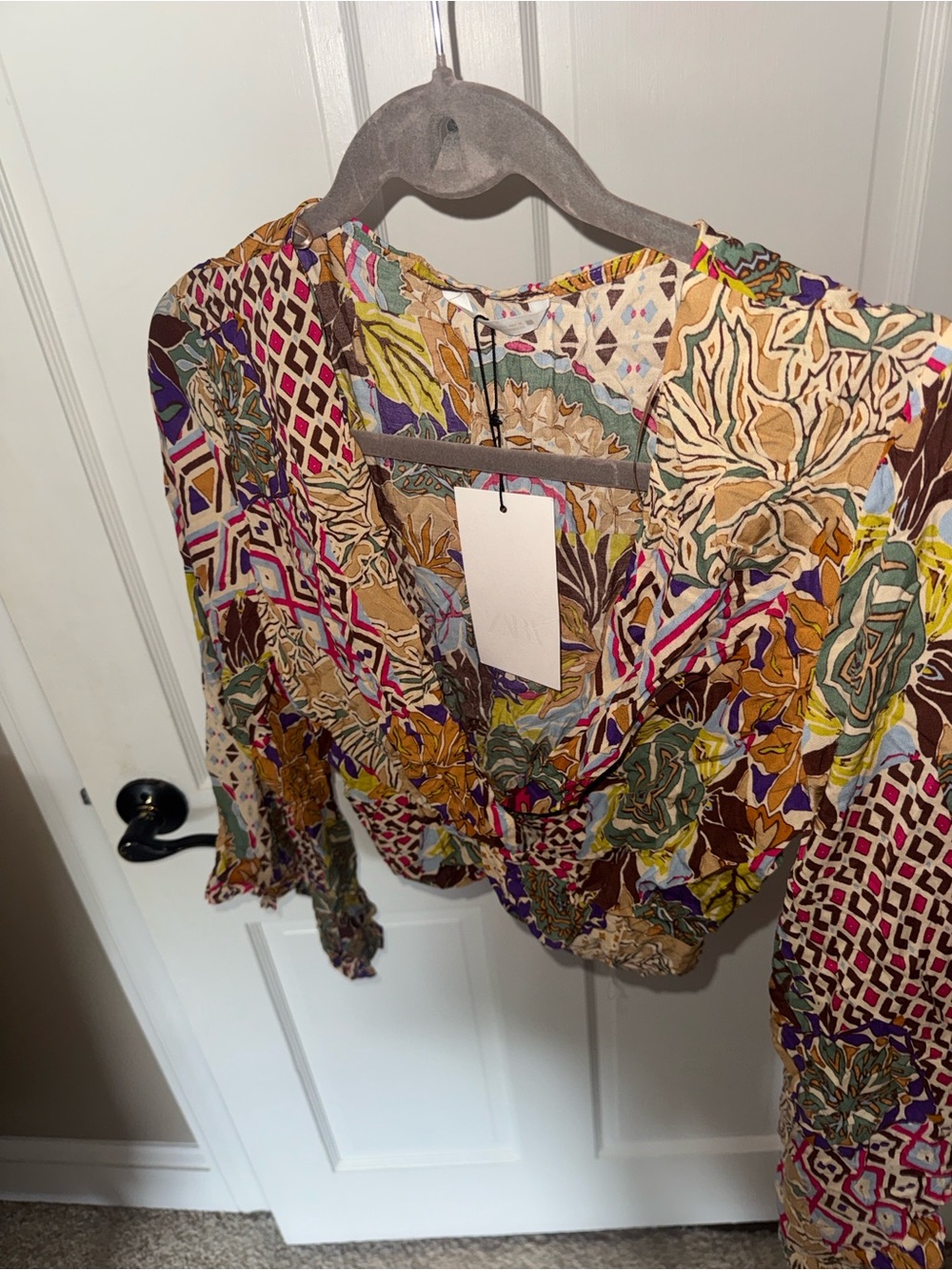 Zara Floral Patchwork V-Neck Blouse in Mustard, Brown & Purple